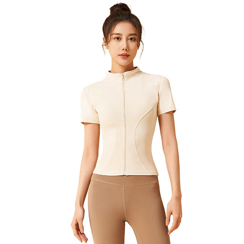 Yoga short-sleeved zipper cardigan top jacket slim fit fitness sports seamless body-building stand-up collar casual T-shirt