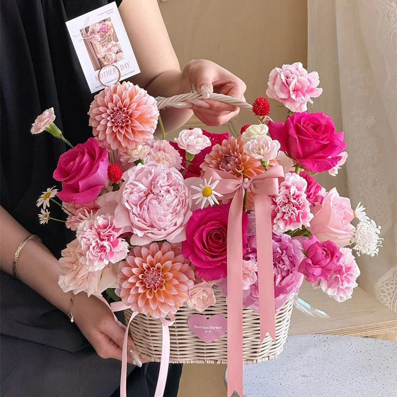 情人节网红礼帽藤编织花篮花束手提篮康乃馨玫瑰插花花店包缘之染
