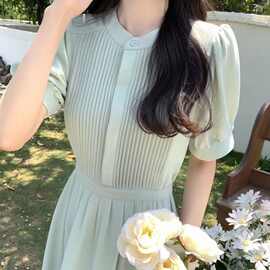 女神范甜美衬衫连衣裙女设计感收腰绑带显瘦遮肚百褶长裙大码女装