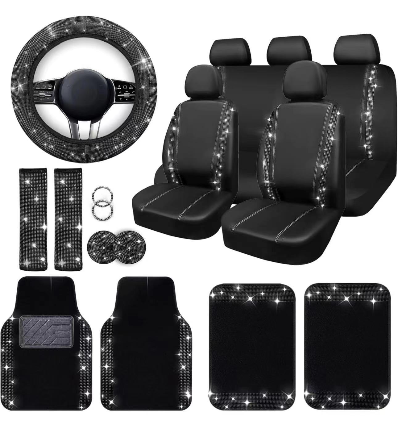 Cubierta de asiento de coche transfronteriza cuero brillante diamante coche almohadilla coche volante cubierta interior accesorios 20 unidades conjunto