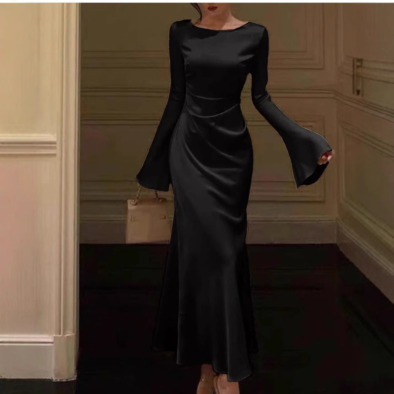 European and American women's summer new Amazon cross-border elegant horn sleeve solid color long sleeve fashion dress European and American women's summer new Amazon cross-border elegant horn sleeve solid color long sleeve fashion dress