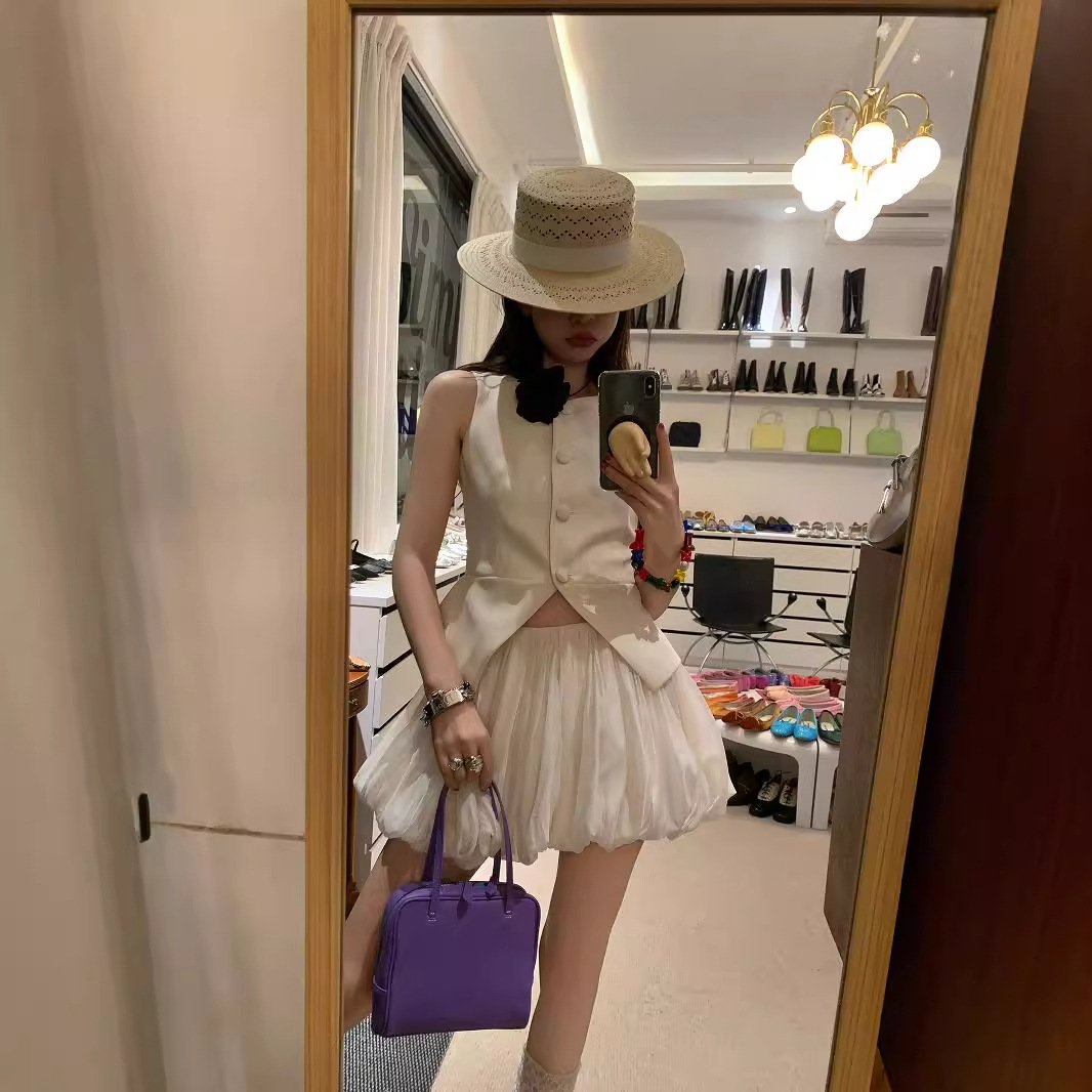 米白色花苞半身裙女夏季法式复古甜美仙气小个子欧根纱蓬蓬短裙