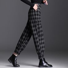 毛呢格子哈伦裤女春春季2025款宽松显瘦高腰裤加厚保暖束脚萝卜裤