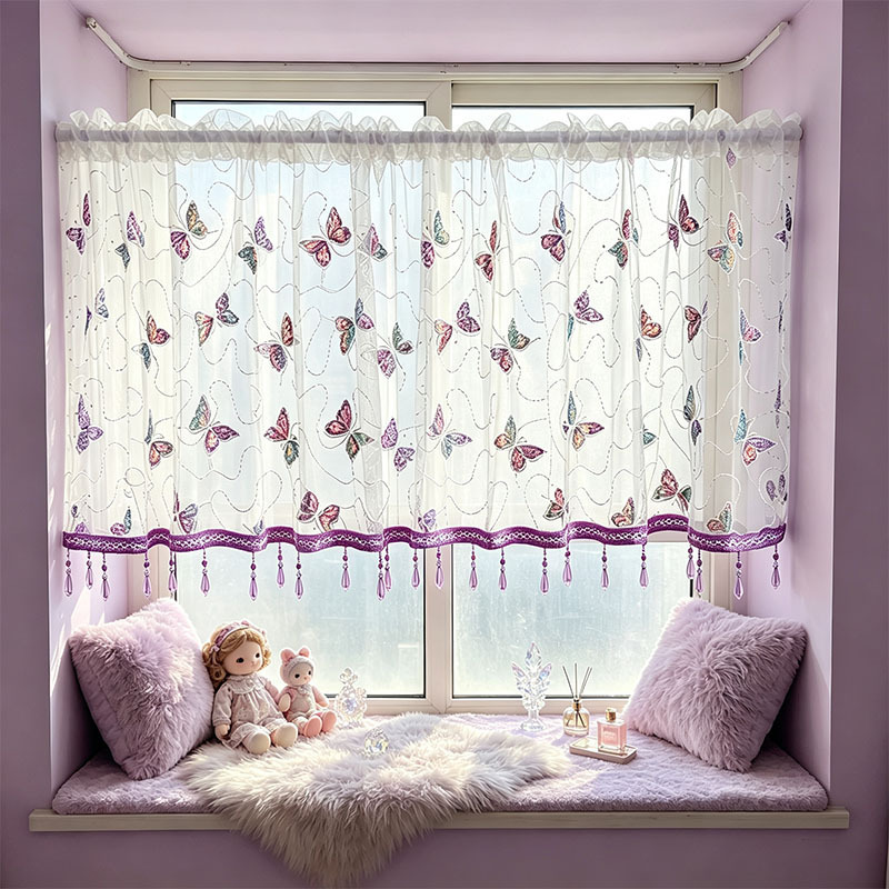 Dreamy and ethereal white semi-transparent colorful sequin butterfly embroidered purple beaded pendant for bay window and display window decoration curtain Dreamy and ethereal white semi-transparent colorful sequin butterfly embroidered purple beaded pendant for bay window and display window decoration curtain