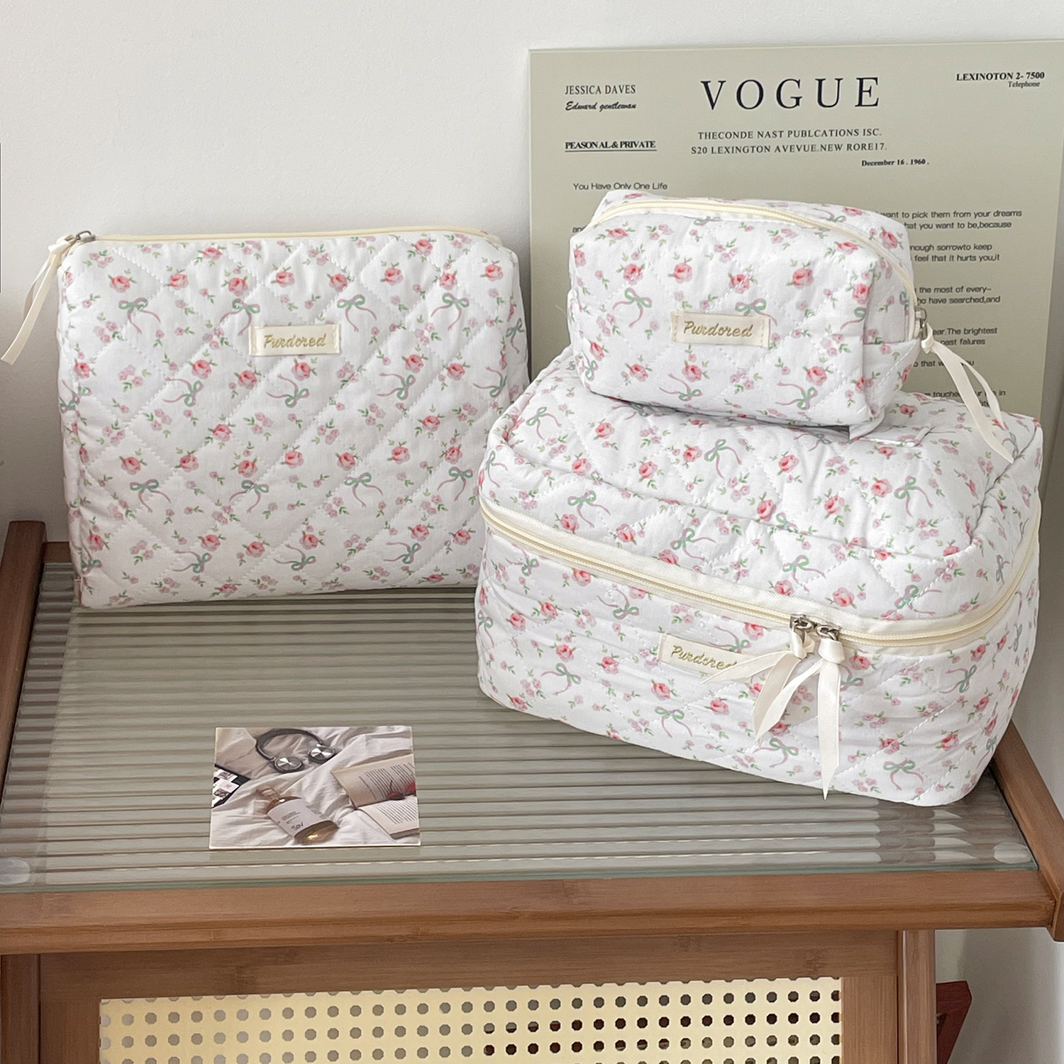 Quilted Cotton Material Streetwear Ditsy Floral Bow Knot Quilted Cotton Sewing Thread Square Makeup Bags