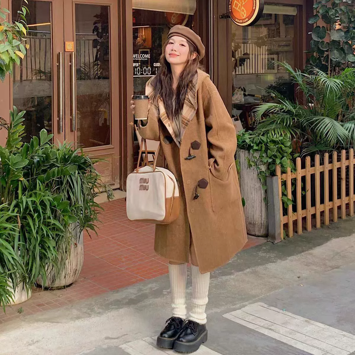 Двустороннее шерстяное пальто шерстяное пальто женское осеннее и зимнее клетчатое пальто с капюшоном высокого уровня