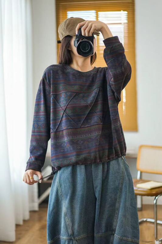 新品圆领设计感下摆抽绳百搭宽松套头印花长袖卫衣|undefined