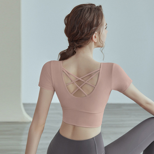 Yoga clothes for women  summer new style short-sleeved sports fitness training clothes with chest pads, tight short tops wholesale