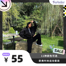 跨境欧美风休闲套装秋冬开衫运动女装时尚拉链长袖外套长裤两件套