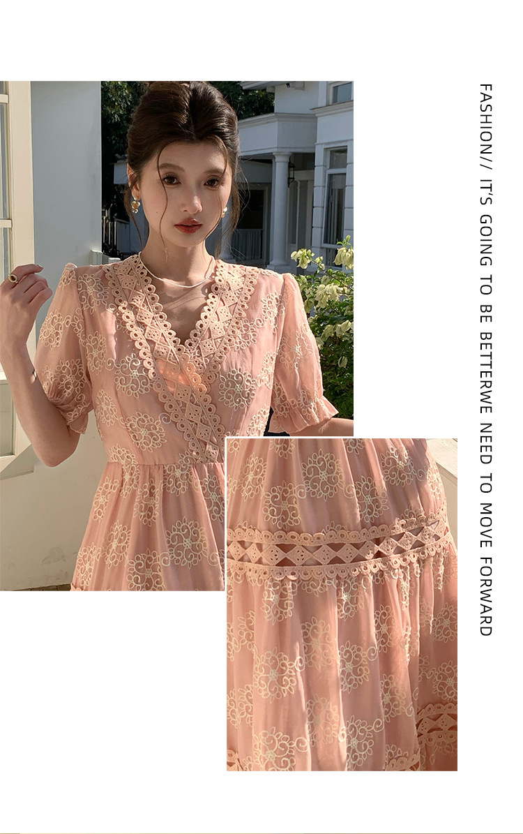 Đầm maxi nữ tay bồng ren hoa V cut-out phong cách Pháp cung đình — xanh lam, màu hồng, màu mơ chi tiết 37
