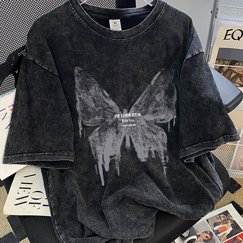 Plus Size Women's Clothing 2024 New Summer Loose Washed Distressed Trendy Brand Short-Sleeved T-Shirt Pure Cotton Right Shoulder Clothes Ins