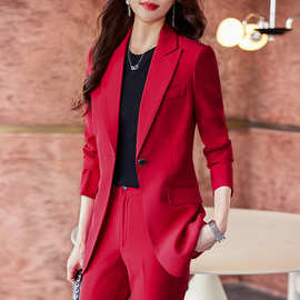 高端红色西装套装女小个子时尚修身百搭西服两件套2023秋季新款