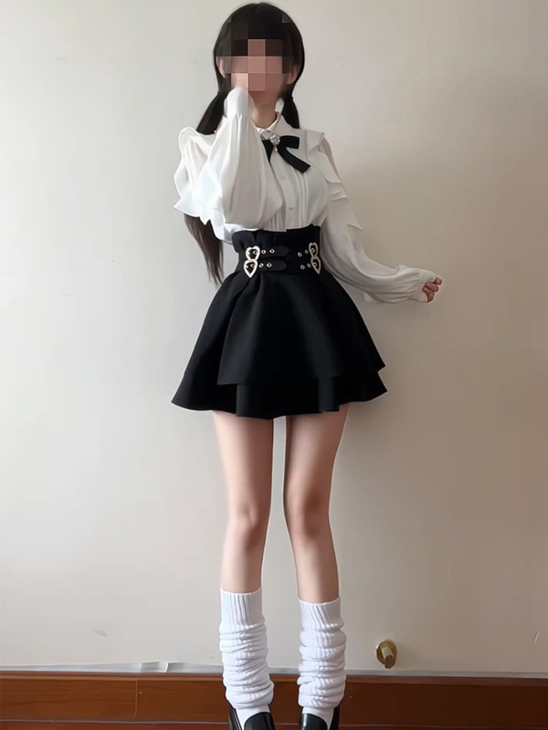 日系千金感套装女秋季2025新款荷叶边衬衫a字收腰蛋糕短裙两件套|undefined