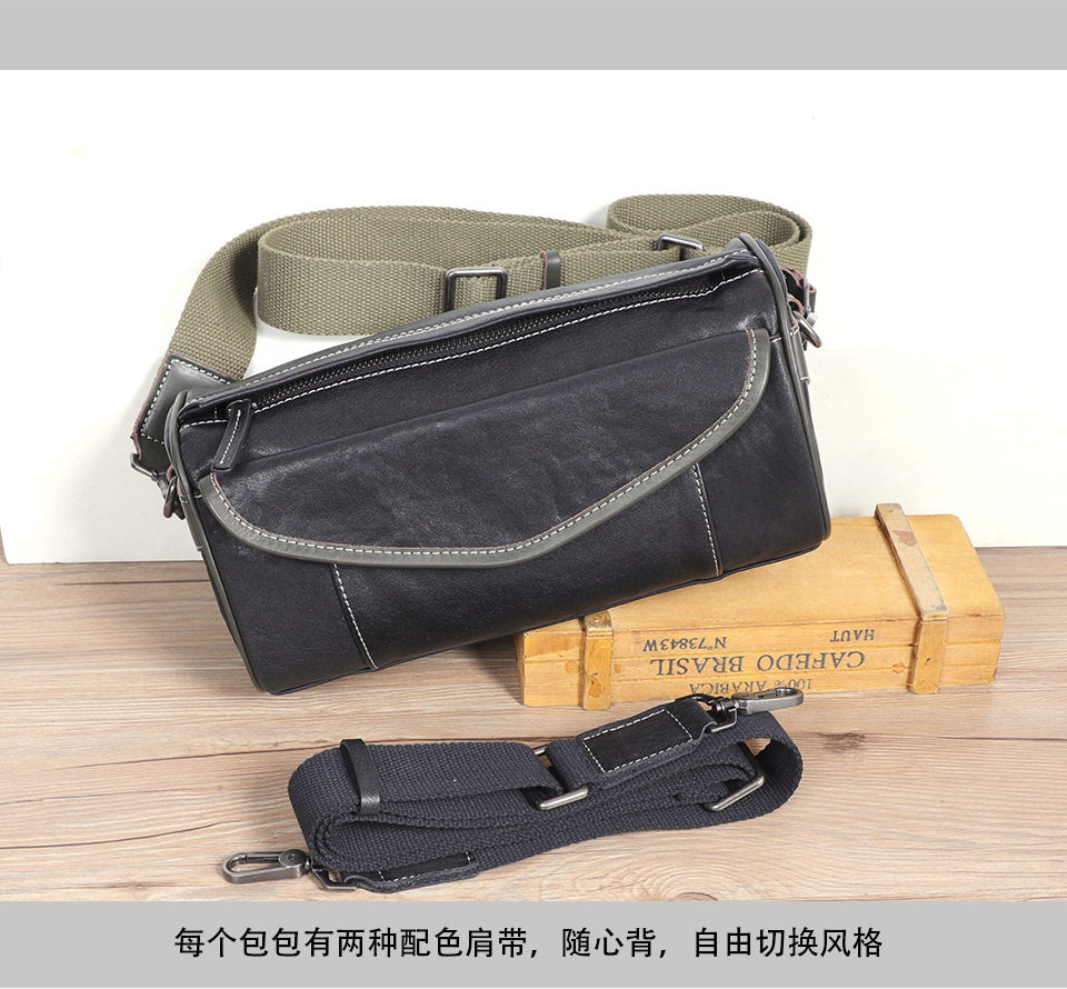 Túi đeo chéo nam da bò thật thuộc da thực vật, túi nhỏ đeo vai cá tính 29×11×17 cm — Dây đeo vai màu đen, Dây đeo vai đơn màu xanh lá cây, Dây đeo vai màu đen và xanh lá cây chi tiết 2