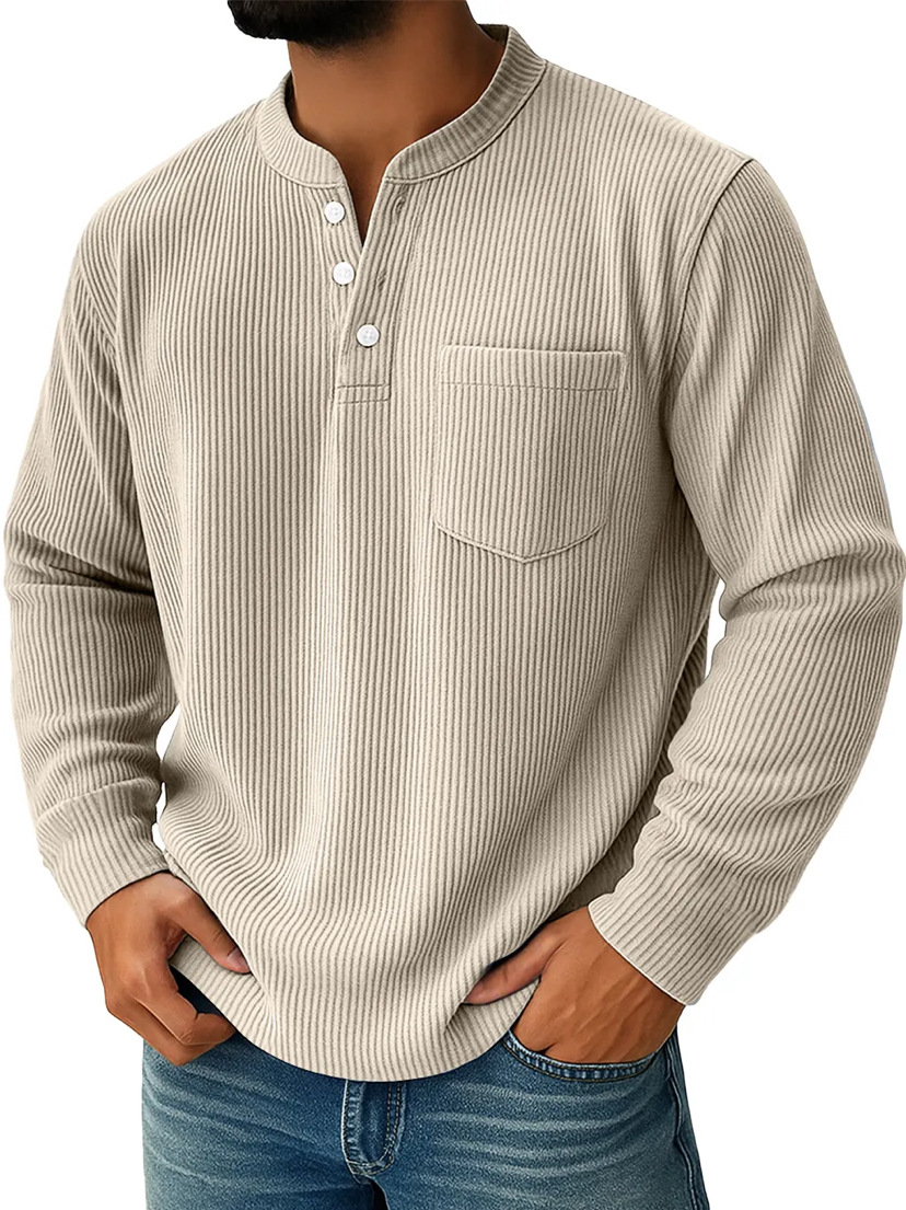Men's Corduroy Polo Shirt Solid Colour Three-button Collar Top_voghion.com