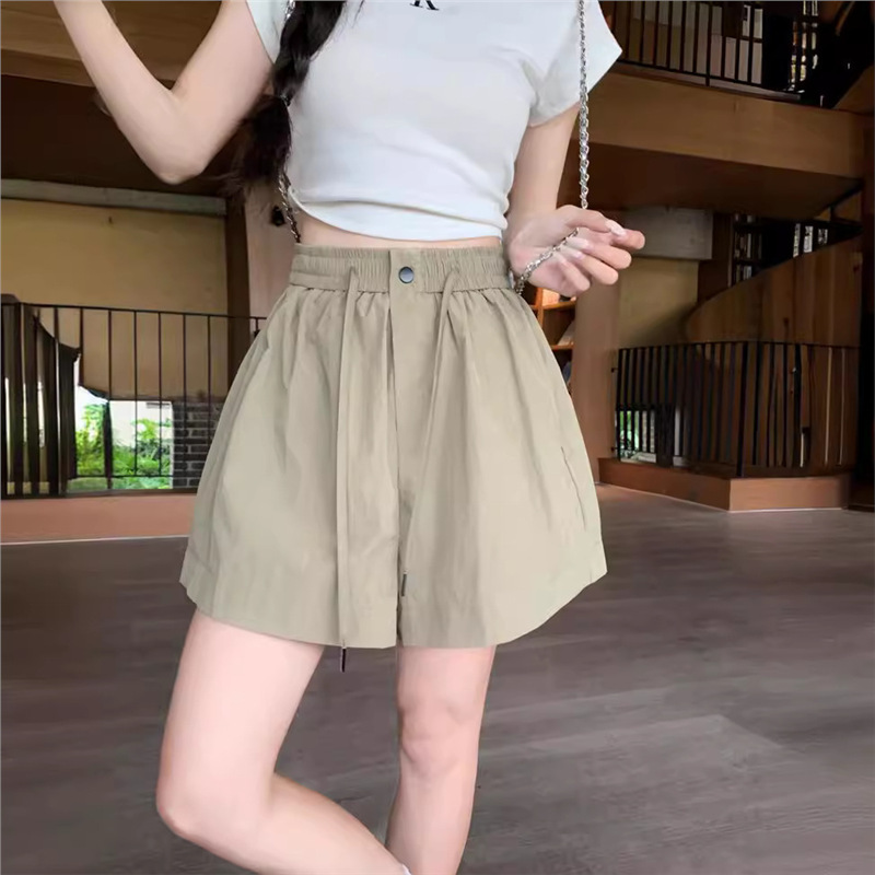 khaki elastic waist workwear sports shorts summer pants thin women's outer wear pleated loose wide leg casual pants