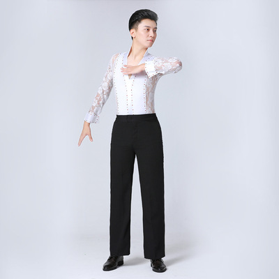 Black white lace latin ballroom dance body shirts for men youth juvenile waltz tango foxtrot practise tops  ballroom dancing long sleeve bling leotard shirts for male