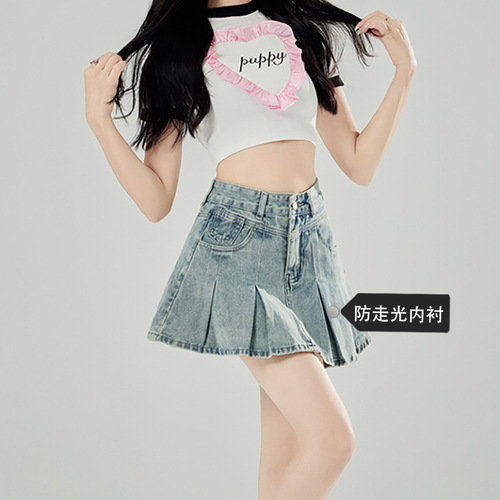 Light Blue Denim A-Line Pleated Skirt with High Waist for Spring and Summer, Shows Legs, Hot Girl Short Skirt