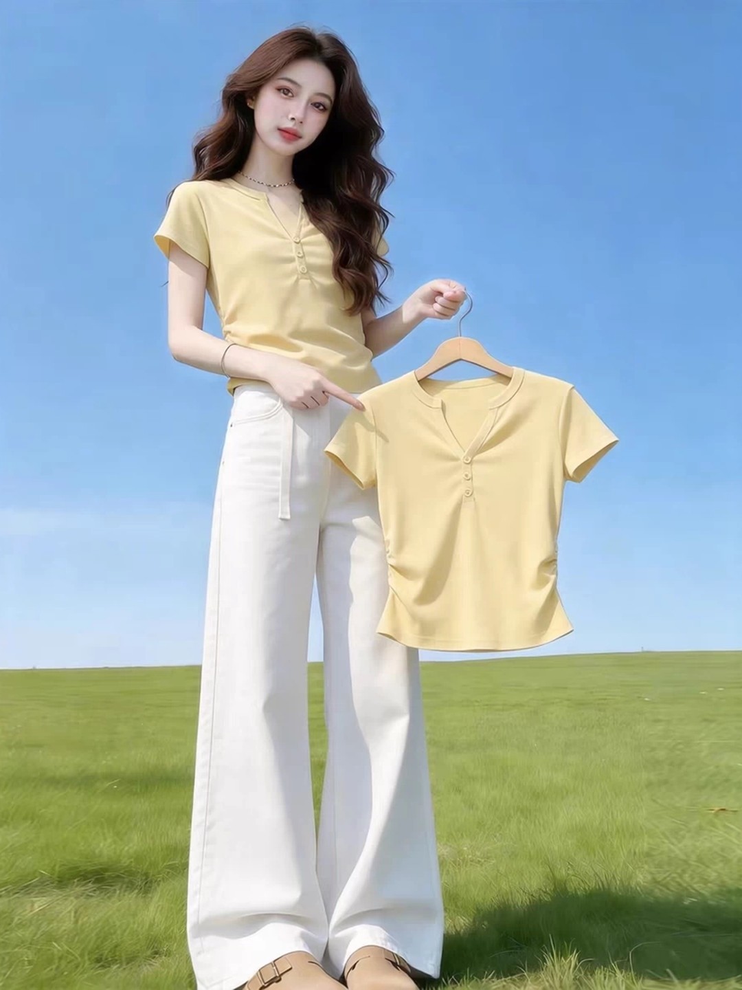 Áo thun ngắn tay nữ phong cách Hàn Quốc, thiết kế thắt eo tôn dáng — màu trắng