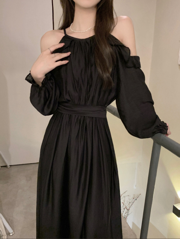 实拍 温柔风露肩仿天丝垂坠感连衣裙女早秋长袖气质收腰显瘦裙子|undefined