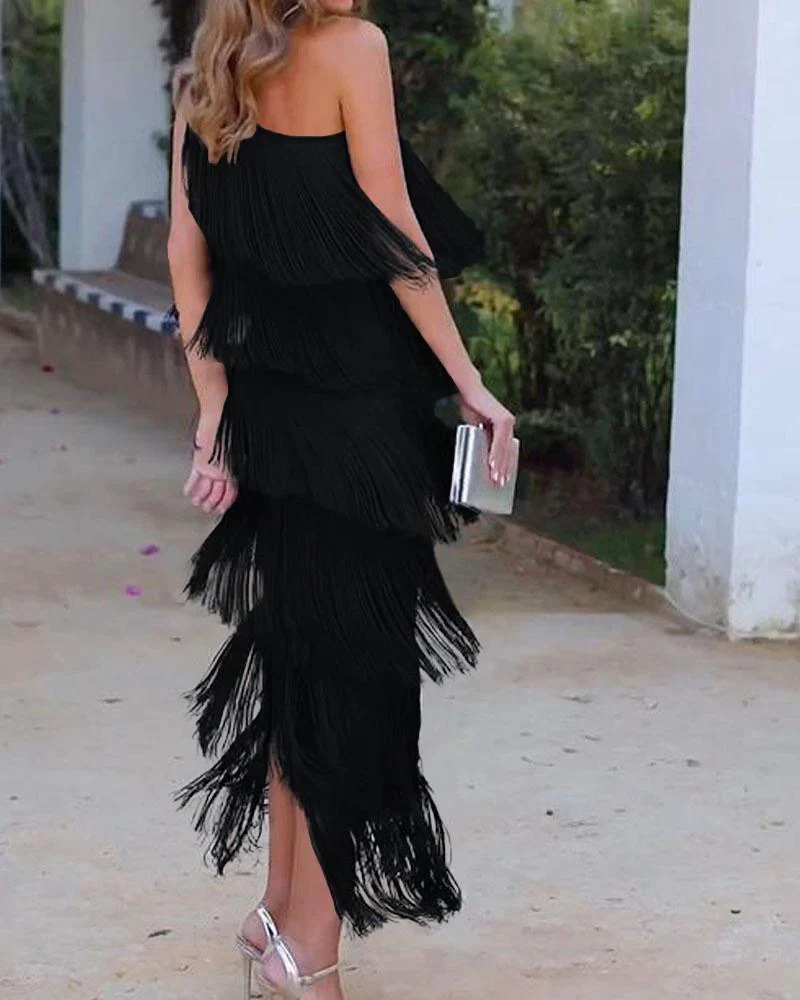 2024 Spring Summer New European And American Foreign Trade Fashion Tassel Asymmetric Off-Shoulder Dress Evening Gown_ecoleips.com