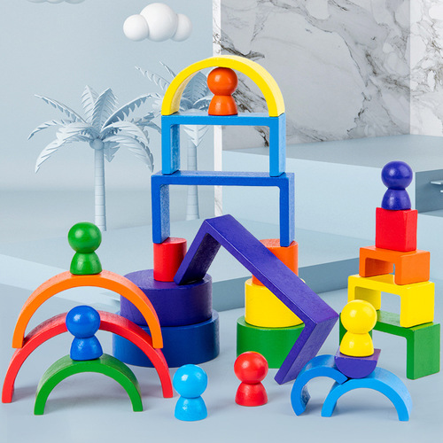 Wooden children's Montessori rainbow building blocks DIY assembled stacking early education educational toys kindergarten teaching aids wholesale