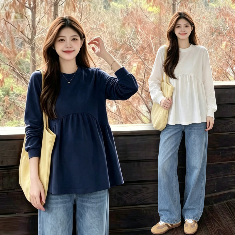 Maternity wear 2026 spring and autumn collection: dark blue top, loose fit, plus size, stylish and trendy navy blue sweatshirt, belly-covering base shirt Maternity wear 2026 spring and autumn collection: dark blue top, loose fit, plus size, stylish and trendy navy blue sweatshirt, belly-covering base shirt