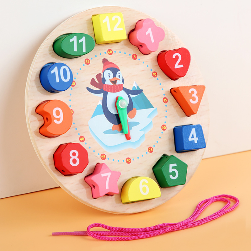 Children's Wooden Number Bead Penguin Clock for Teaching Recognition of Alarm Clock Shapes, Matching and Brain-Teasing Wooden Toy
