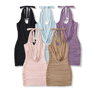AP25210-25 summer new European and American style hot girl pure want swing collar mesh yarn hanging neck hip skirt dress