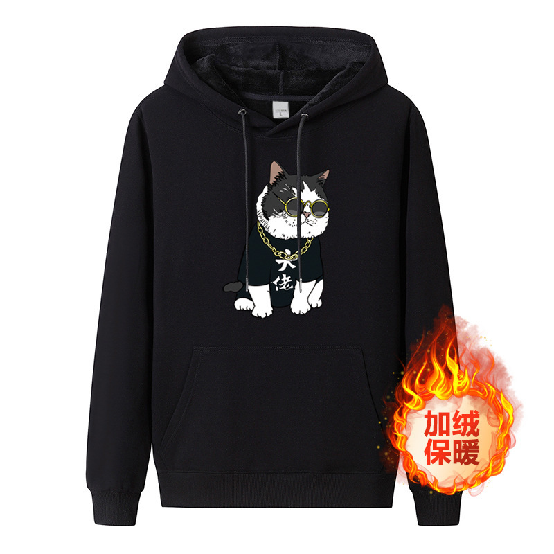 Fleece-lined thickened men's hooded sweater pure cotton fashion brand hooded printed autumn new men's loose coat bottoming shirt