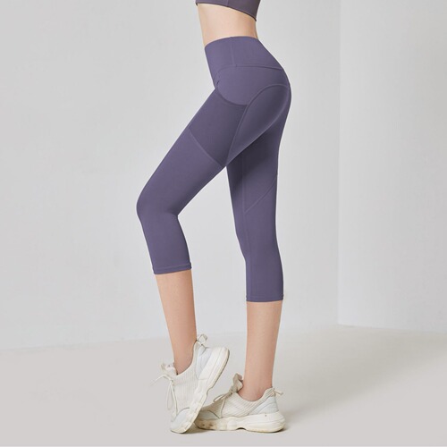 Side pocket three-quarter yoga pants for women, high-waisted gym peach butt lift fitness pants, sports tights