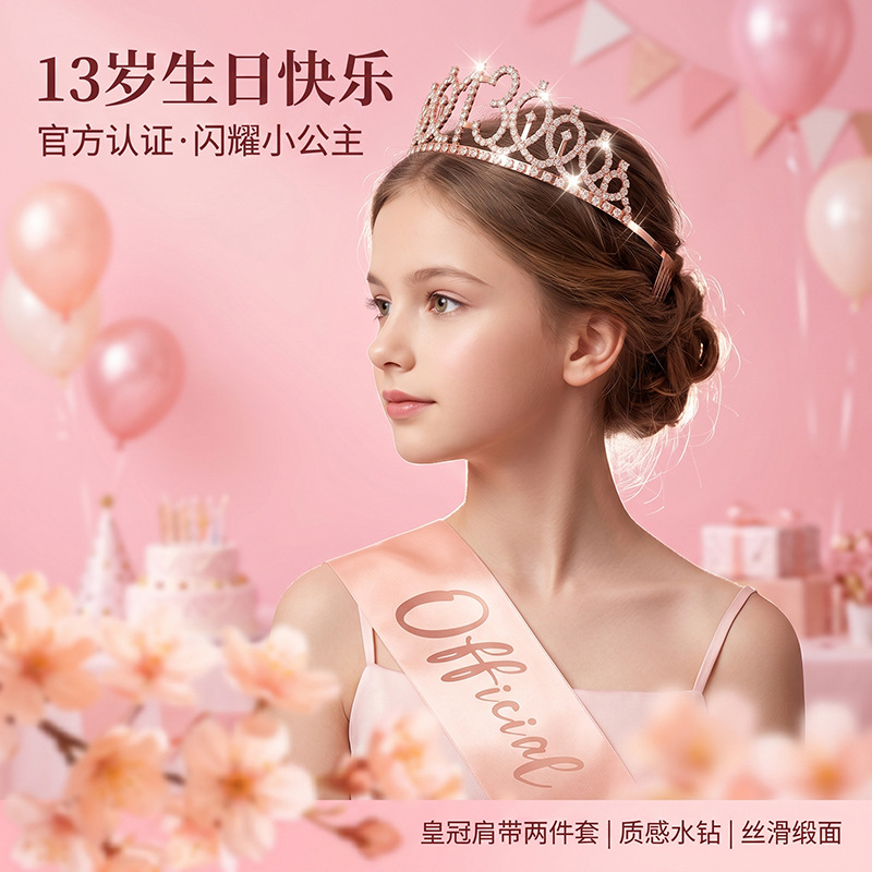 亚马逊合金皇冠头饰绶带套装13岁生日快乐聚会装饰道具服饰礼品
