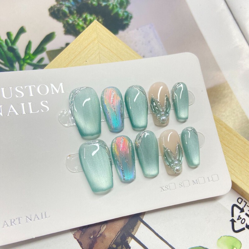 Mint Handmade Wear Armor Handmade Summer Blue Youth Cat's Eye Phototherapy Armor Temperament White Nail Patch