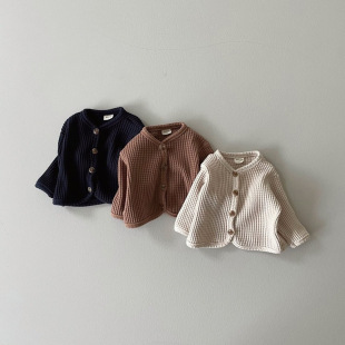 Children's Korean Tops, Men's and Women's Baby Cardigans, Spring & Fall Clothing, Infants and Young Kidsren's Waffle Knitted Bottoming Shirts, Thin Jackets