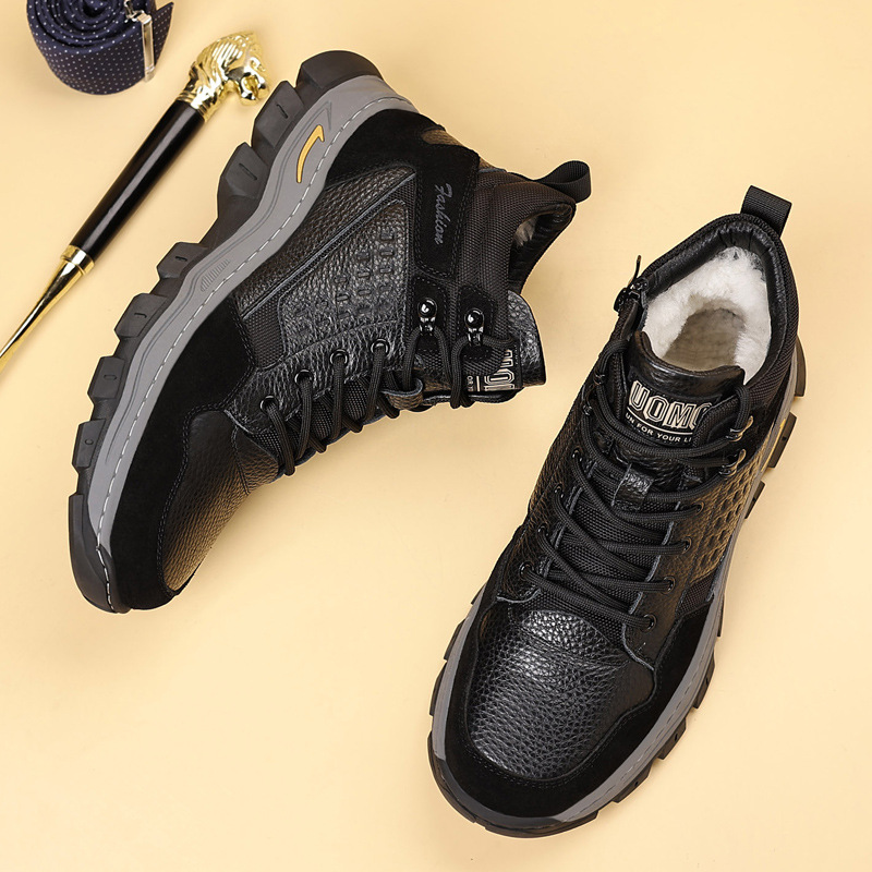 2025 invierno nuevos zapatos de lana y algodón de cuero real y seguro de terciopelo zapatos casuales al aire libre anti-terciopelo zapatos de hombre del noreste