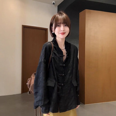 新中式盘扣长袖提花衬衫女春秋慵懒风黑色衬衣高级感国风气质上衣
