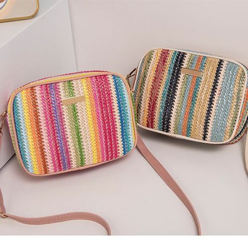 Cross-border export woven bag women's bag vertical pattern rainbow ethnic style grass fabric color camera bag