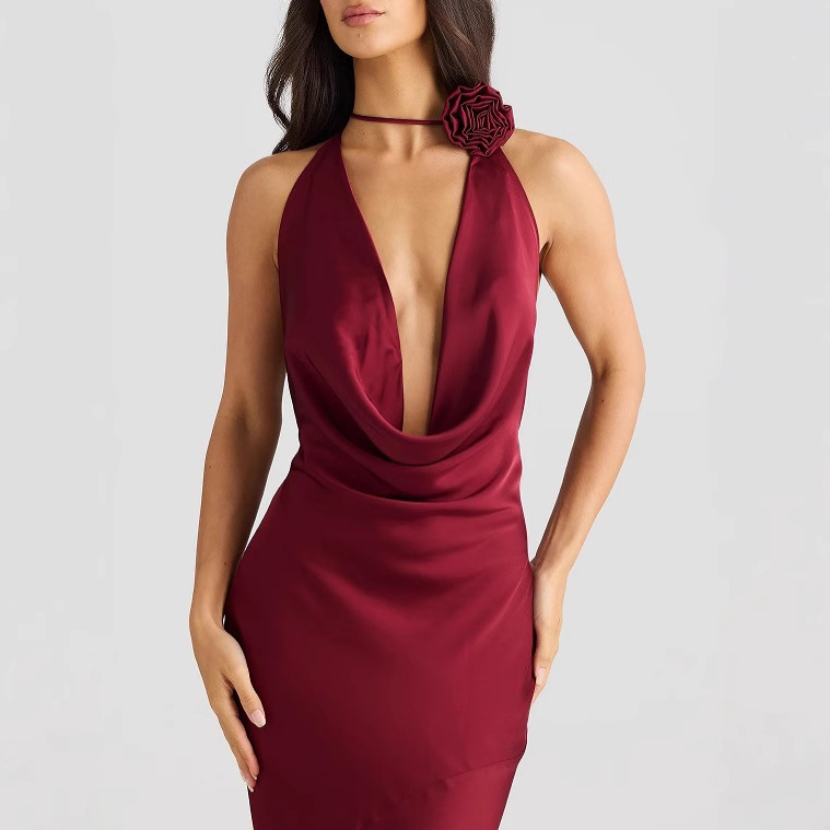 Women's Sleeveless Halter Neck Long Dress Solid Color Satin Slim Fit Sexy Fashion_ecoleips.com