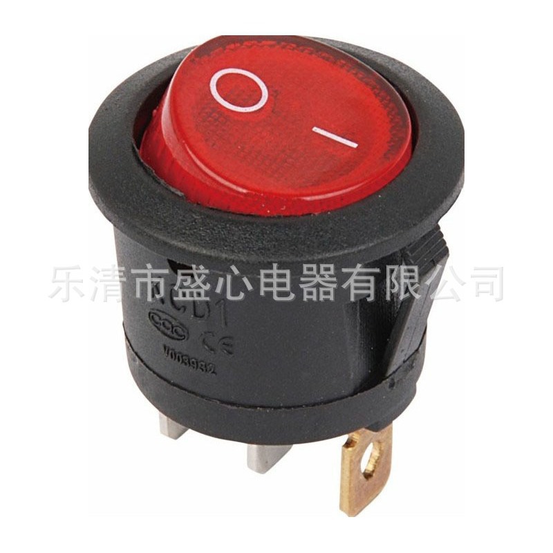 圆形船型开关KCD5-102 3脚 翘板按钮 6A 250V 带灯 电源开关 红心