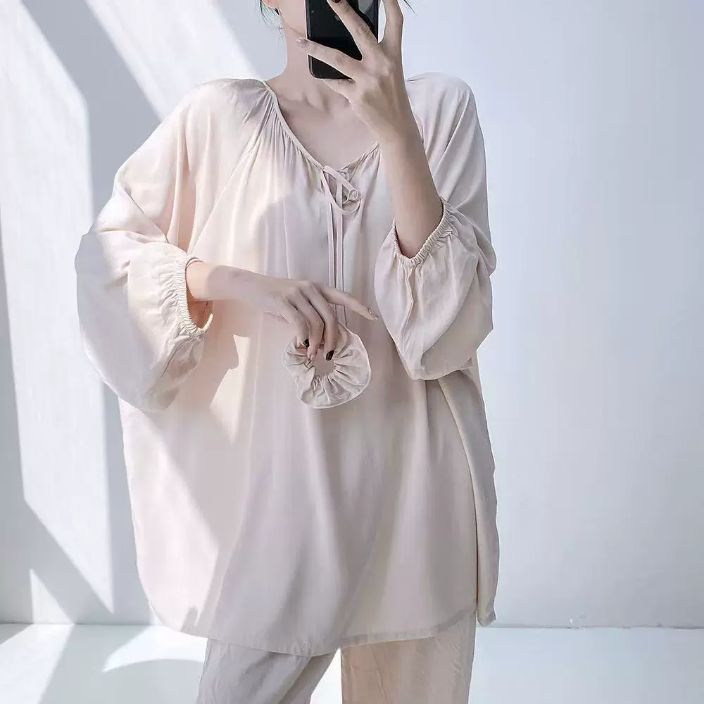 2025新款棉绸睡衣女款长袖长裤轻奢风薄款简约印花夏季家居服套装