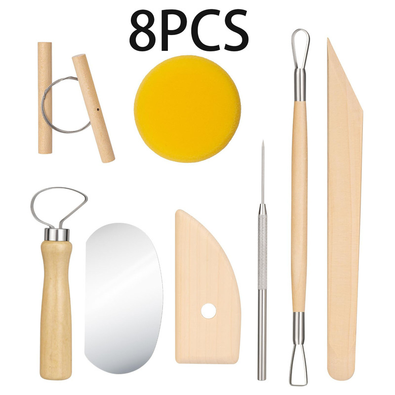 8-piece pottery tool set for clay sculpting, carving, clay line cutting, pottery dotting, drawing, modeling, and detail work, wholesale