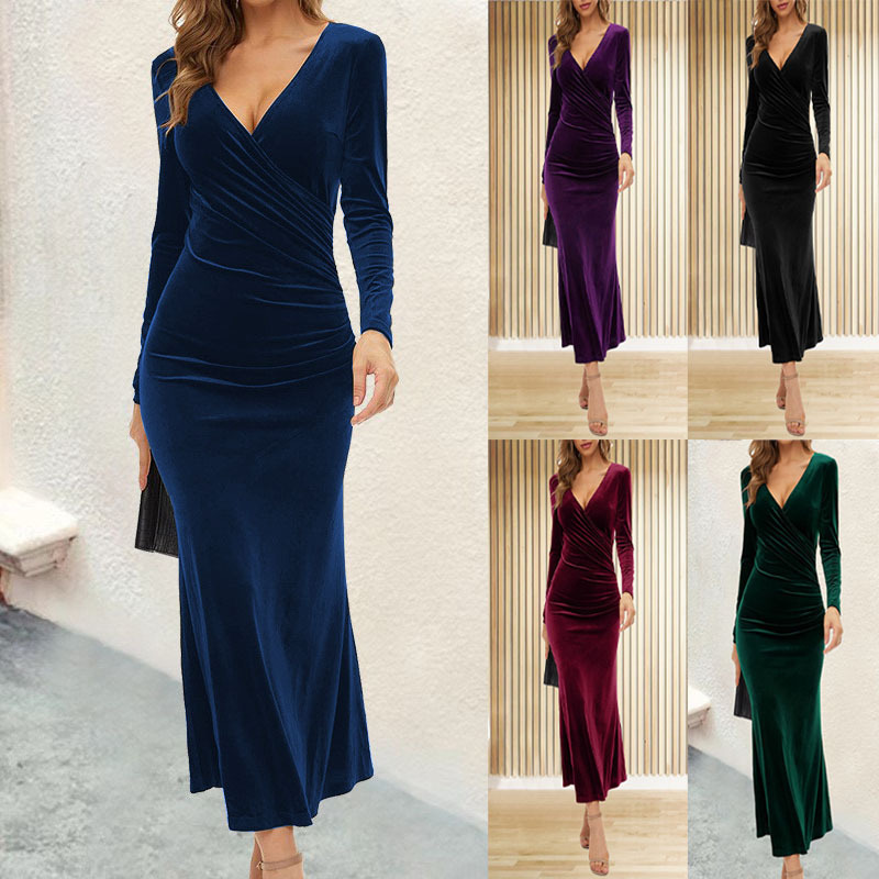 2024 European and American Cross-border Foreign Trade Fall/Winter New Slim-fit Elegant Elegant Fishtail V-neck Long-sleeved dress Evening Dress