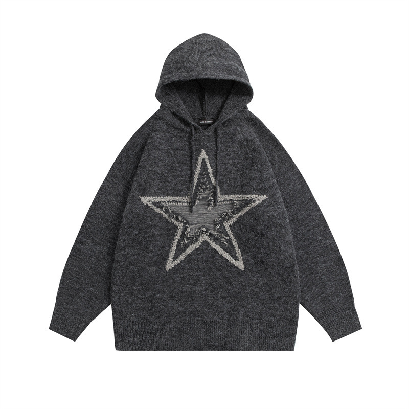 Men's Clothing Autumn Male And Female Students Neutral American Trendy Brand Jacquard Five Pointed Star Mixed Color Raw Edge Loose Sweatshirt Trend_viptrois.com