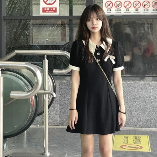 Elegant Polo Dress for Women - Summer, Petite Size, Color Blocking, Slimming, Casual, Hepburn Style, Black Cocktail Dress