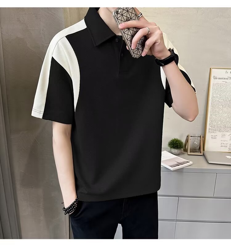 Herren Patchwork Polohemd Atmungsaktives Baumwoll Casual Shirt_voghion.com