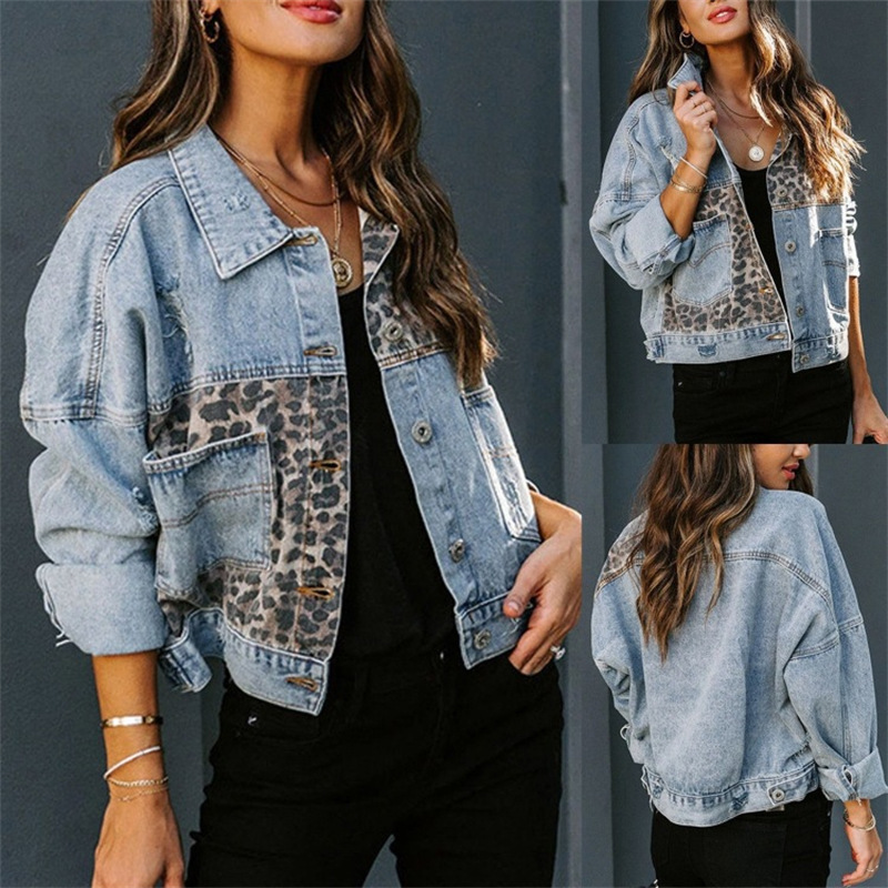 Cross-Border Autumn and Winter Amazon Denim Jacket Women's Long-Sleeved Independent Station European and American Denim Jacket Women's Leopard Print Stitching
