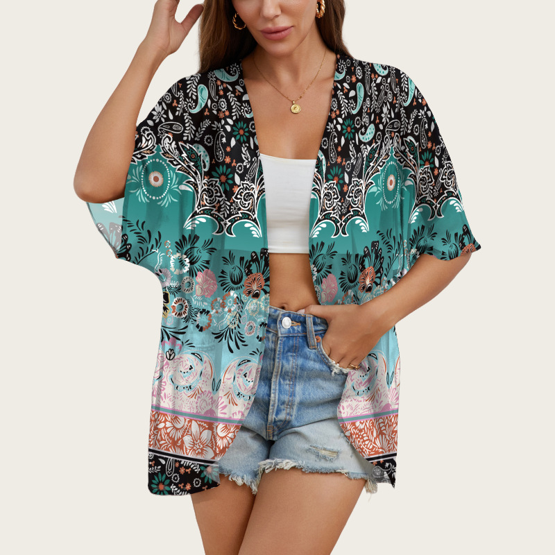 跨境欧美女装新款雪纺罩衫防晒印花休闲沙滩泳衣罩衫上衣和服开衫