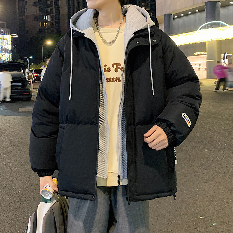 Falso abrigo de dos piezas de algodón acolchado para hombres y mujeres otoño e invierno nuevo cálido a prueba de viento personalizado cuero logo decoración color sólido corto abrigo de algodón acolchado