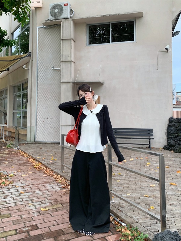 甜美风套装长袖开衫外套女娃娃领背心秋季黑色阔腿裤miu系三件套|undefined