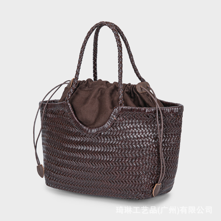 Dragon Style French Woven Market Basket Bag Women's Genuine Leather Shoulder Bag Retro Handmade Ins Style - Thumbnail 4